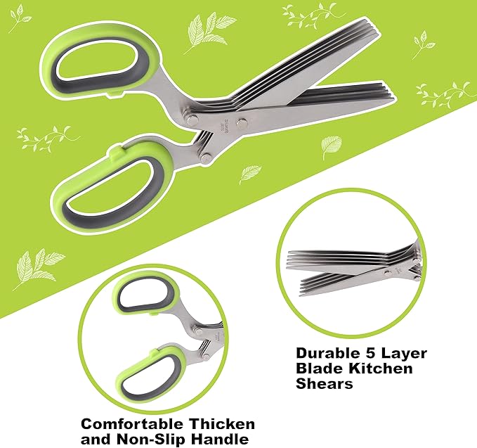Herb Scissors, Premium Stainless Steel 5 Blade Kitchen Salad Scissors Dishwasher Safe, Sharp and Convenient 5 Blade with Safety Cover, Herb Stripping Tool and Cleaning Comb