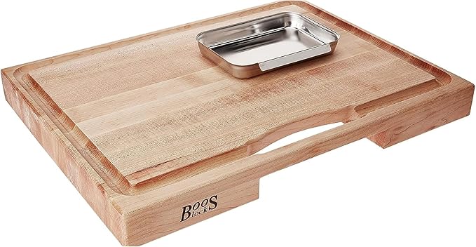John Boos Newton Prep Master Series Rectangular Wooden Maple Cutting Board 24”x18” – 2.25” Thick, 30-lb Reversible Butcher Block with Catch Pan, Sloped Juice Groove & Edge-Grain – Made in the USA
