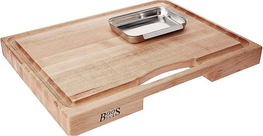 John Boos Newton Prep Master Series Rectangular Wooden Maple Cutting Board 24”x18” – 2.25” Thick, 30-lb Reversible Butcher Block with Catch Pan, Sloped Juice Groove & Edge-Grain – Made in the USA