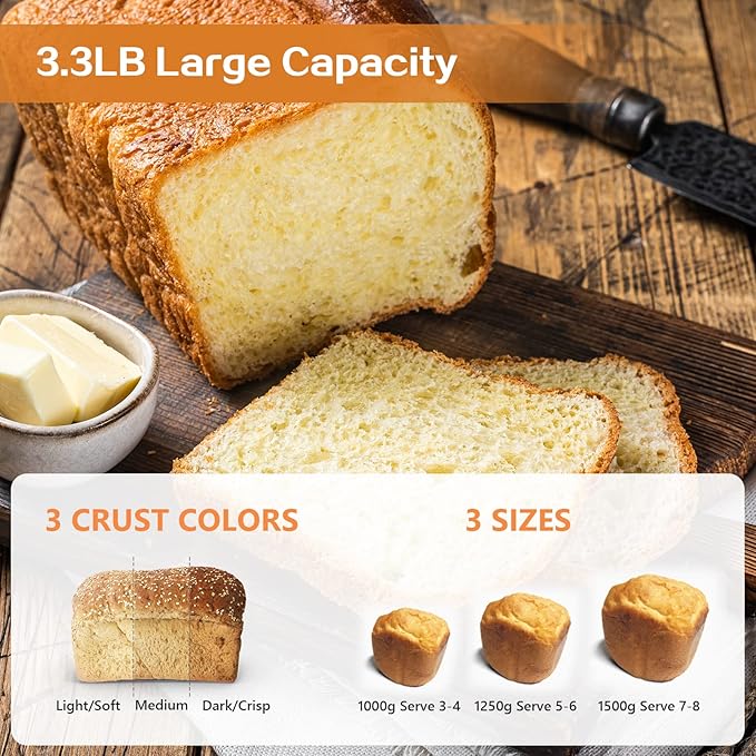 Davivy 3.3LB Bread Maker – 15-in-1 Automatic Bread Machine with Silicone Baking Gloves, Dual Kneading Paddles, Nonstick Pan, 15-Hour Delay Timer, 3 Loaf Sizes & 3 Crust, Nut Add-In Reminder