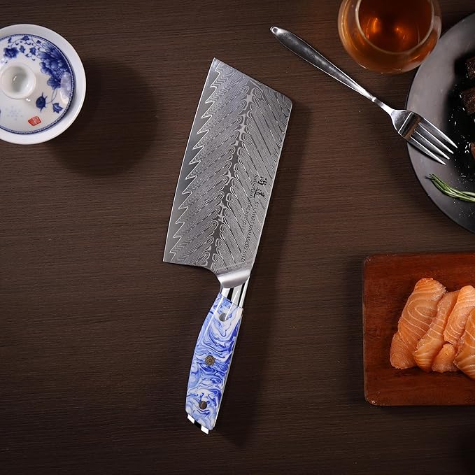 SHANGDAO 7 Inch Chinese Chef Knife,Cleaver Kitchen Knife Professional Vegetable Knife, Forged Damascus Steel with Blue and White Resin Handle - Full Tang - HUA Series