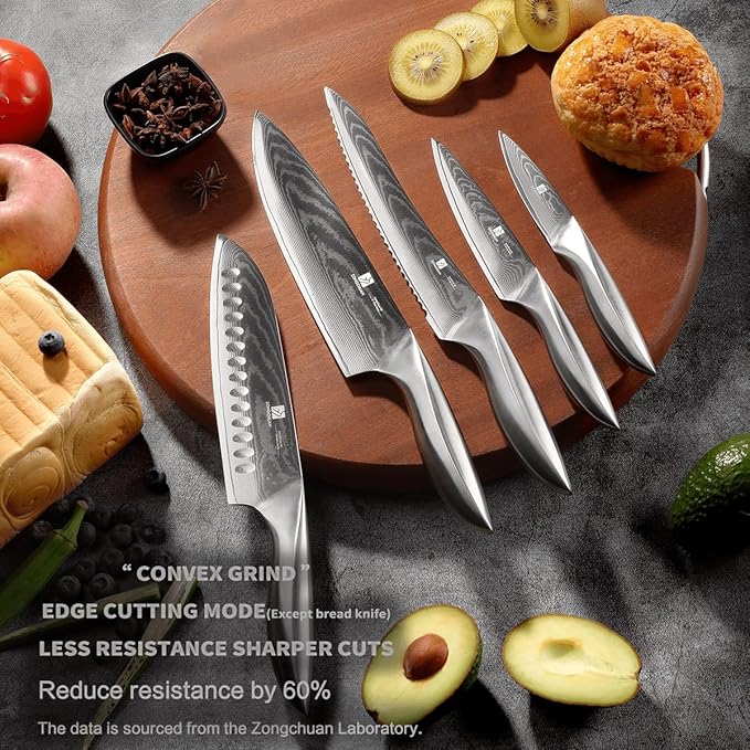 5 PCS Damascus Chef Knife Set, Ultra-Smooth Cutting Experience and Professional Grade Sharp, Kitchen Knife Set,Handle Ergonomic Design,9CR18MOV High Carbon Stainless Steel,Dishwasher Safe