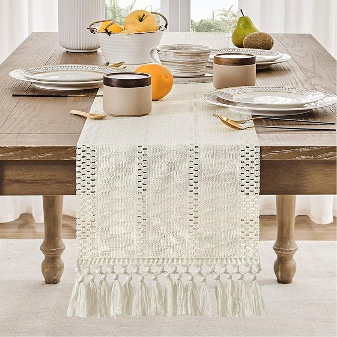 ZeeMart Macrame Style Boho Table Runner, Ivory Table Runners 90 Inches Long, Farmhouse Woven Home Decor, 12x90 Inch (12x98 Tassel Included), Ivory