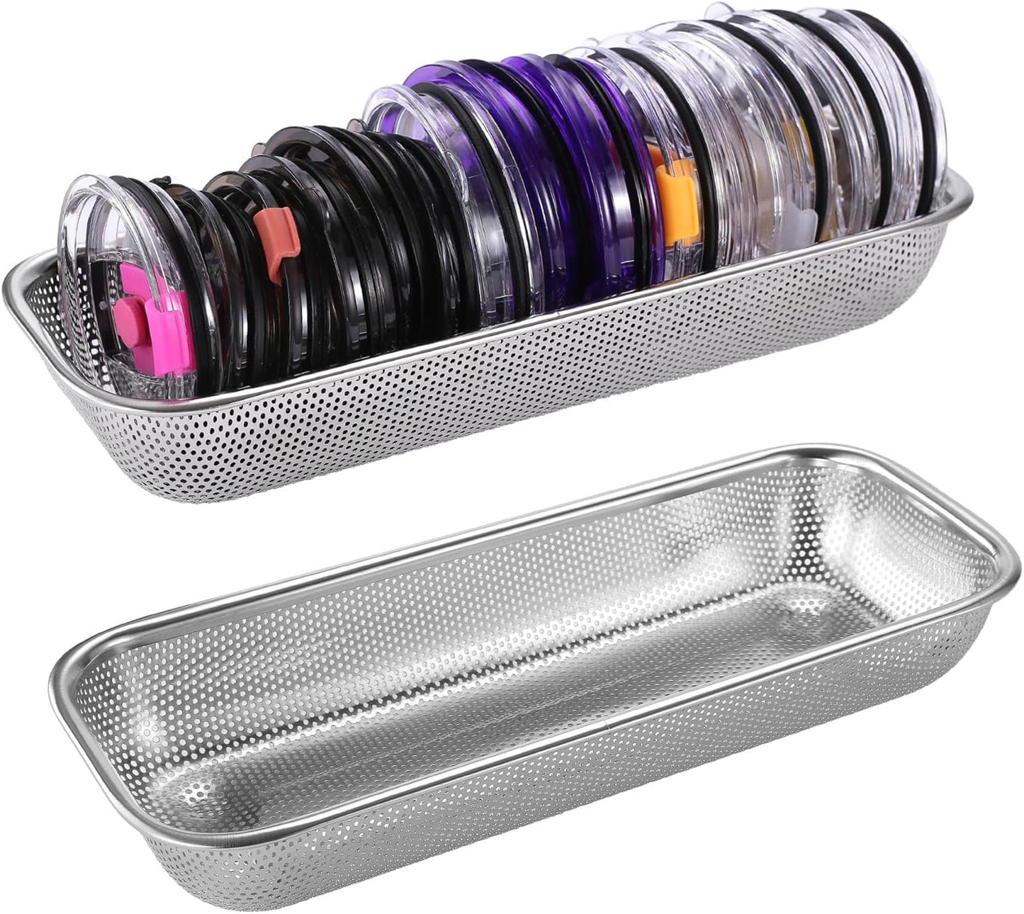 2Pack Stainless Steel Tumbler Cup Lid Organizer Inside Cabinet, Mason Jar Lid Holder, Rectangular Basket for Storage of Silverware, Chopsticks, straws and Utensils