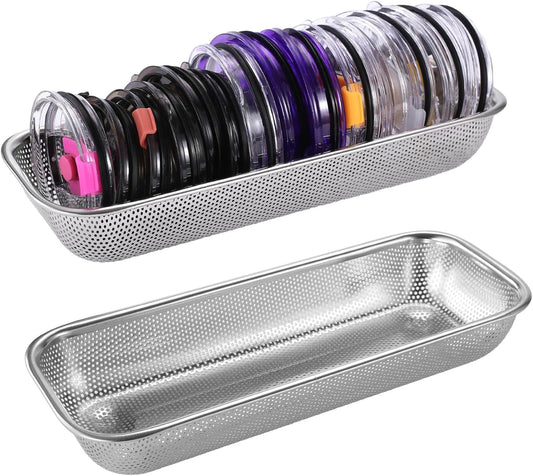 2Pack Stainless Steel Tumbler Cup Lid Organizer Inside Cabinet, Mason Jar Lid Holder, Rectangular Basket for Storage of Silverware, Chopsticks, straws and Utensils