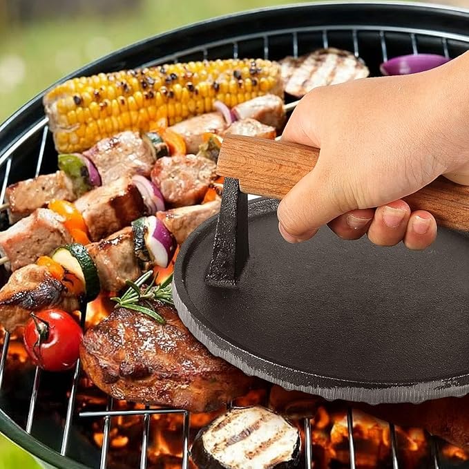 HOIGON 2 PCS 7 Inch Round Heavy Duty Cast Iron Grill Press, Steak Weight Bacon Barbecue Presses with Solid Wood Handle for Burgers, Bread, Pushing Down On Steaks