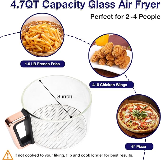 GYMODE 4.7QT Glass Air Fryer, 360° Viewable Glass Air Fryer Non Toxic, 6-IN-1 Preset Cook Modes, Digital Display, Adjustable Temp 100F - 400F, Nonstick, Dishwasher Safe, Black
