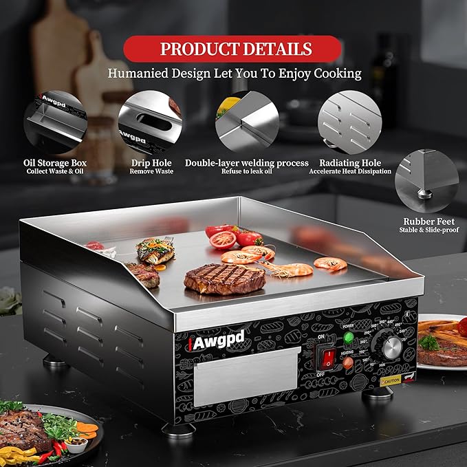 Electric Griddle,1800W 14 Inch Flat Top Grill Commercial Electric Griddles,14 Inch Electric Countertop Griddles Stainless Steel Adjustable Temperature Control 90℉-575℉ for Home or Restaurant Use
