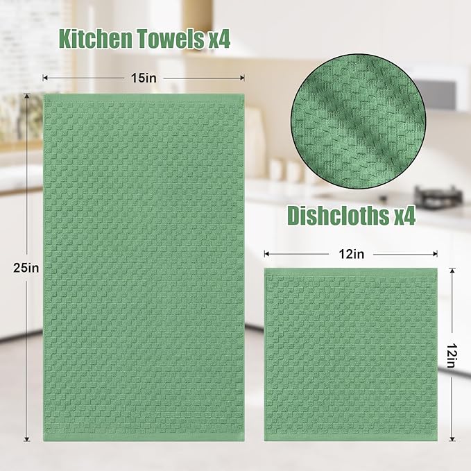Homaxy 100% Cotton Kitchen Towels and Dishcloths Set, 12 x 12 & 15 x 25 Inches, Set of 8 Bulk Terry Cloth Dish Towels, Super Soft and Absorbent Hand Towel with Hanging Loop, Grass Green