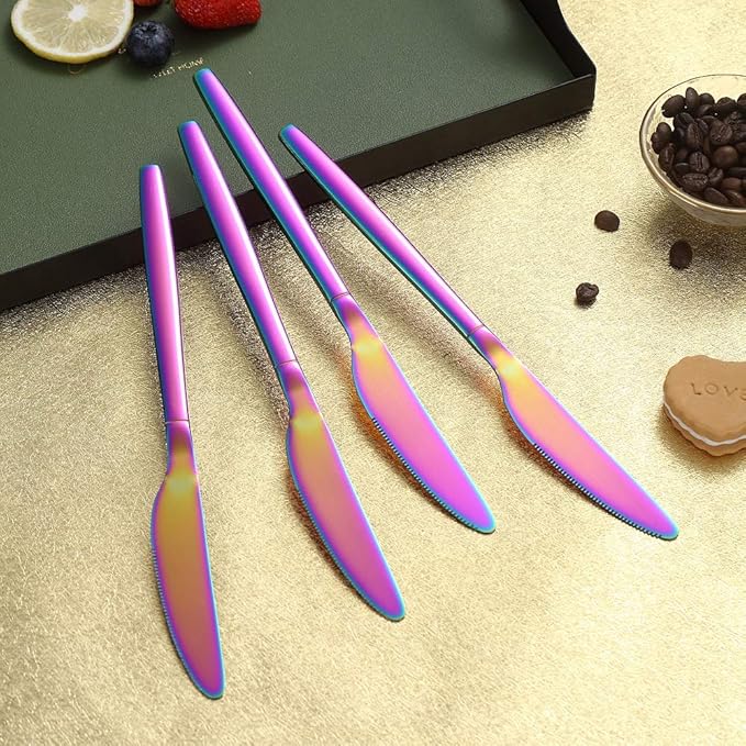 Rainbow Dinner Knives 4 Pieces, Homquen Sturdy 9" Stainless Steel Modern Design Knife, Colorful Titanium Plating Knifes Set With Round Edge Dishwasher Safe