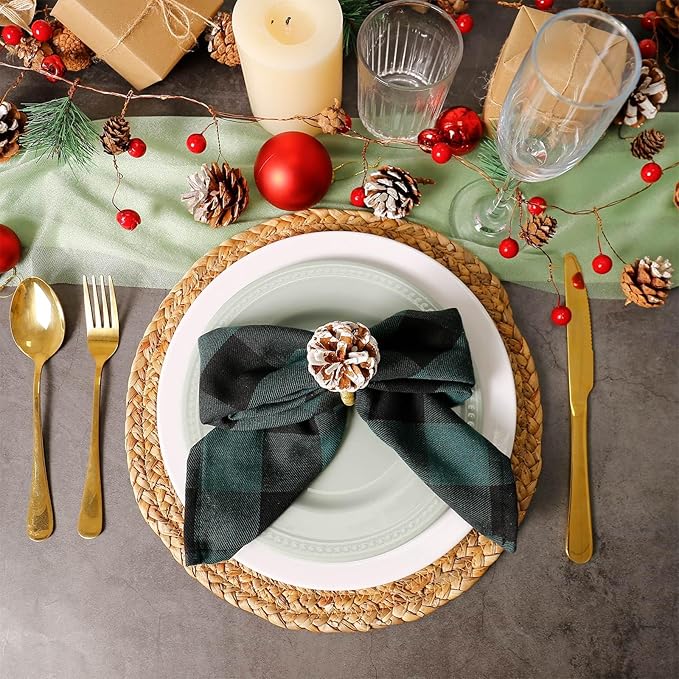 Christmas Napkin Rings Set of 8, Snow Pinecone Rings with Gold Rabbin Buckle Rustic Napkin Rings for Christmas Thanksgiving Holiday Table Dinner Celebration