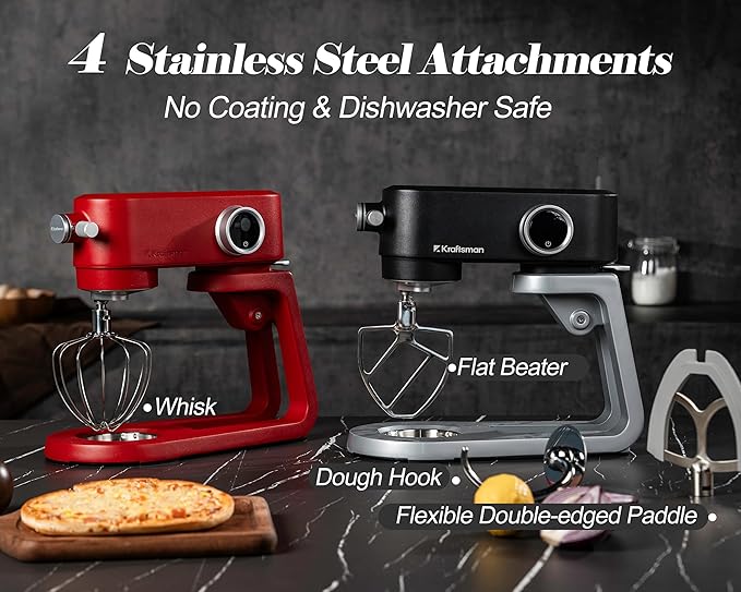 Kraftsman Stand Mixer Heavy Duty - All Metal Kitchen Standing Mixer 5.3 Quart with 4 Stainless Steel Attachments, DC Motor & Multifunctional Power Hub, 8-Speed & Timer, Lower Noise (Red)