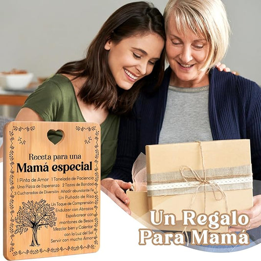 Regalos de cumpleaños para mamá - "Receta para una mamá especial". Juego de tablas de cortar y utensilios de bambú grabados. Regalos de cumpleaños para mamá. Spanish Mom Cutting Board