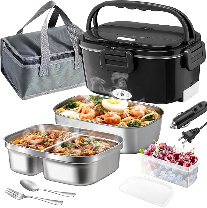 Electric Lunch Box for Adults 100W Fast Heated Lunch Box for Men Women with Dual 1.5L Stainless Steel Containers Fast Heating Portable Food Warmer 12V/24V/110V Lunch box, Home/Office/Truck