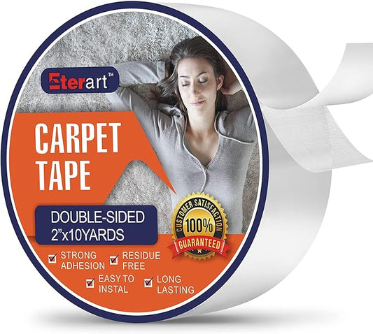 Double Sided Carpet Tape Heavy Duty for Area Rugs,Tile Hardwood Floors,Over Carpet,Rug Tape High Adhesive and Removable,Strong Sticky Tape,Residue Free,2 Inches x 10 Yards,White