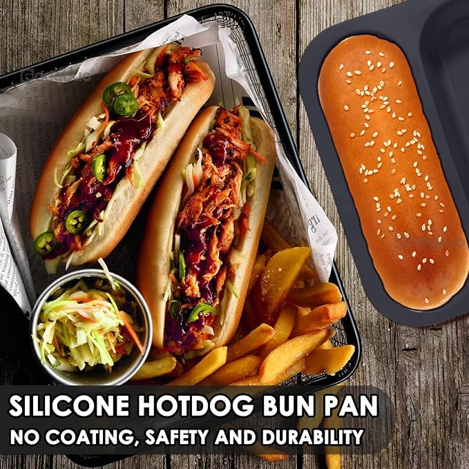 GDDGCUO Silicone Hotdog Bun Pan, 6 Inch Standard Hot dog Bun Mold, 4 Cup Non-stick Homemade Hotdog Bun Baking Pans, Mini Baguette Pans, Dishwasher Safe, 2 Pcs (Grey)