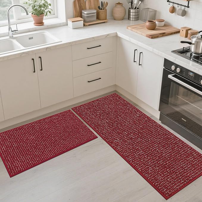 JSEI Kitchen Rugs and Mats, 2PCS Non-Slip Kitchen Mats for Floor, Machine Washable Absorbent and Stain Resistant Kitchen Runner, Carpet Mats with TPR Backing for, 20''x32''+20''x48'', Red