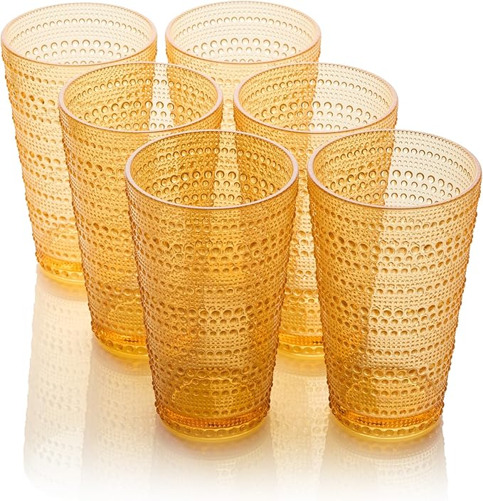 Santa Fe Orange Set of 6 Premium Acrylic Ice Tea Glass 22 oz – Unbreakable Drinkware with Textured Bubble Design, Shatterproof Tumblers for Indoor & Outdoor Use