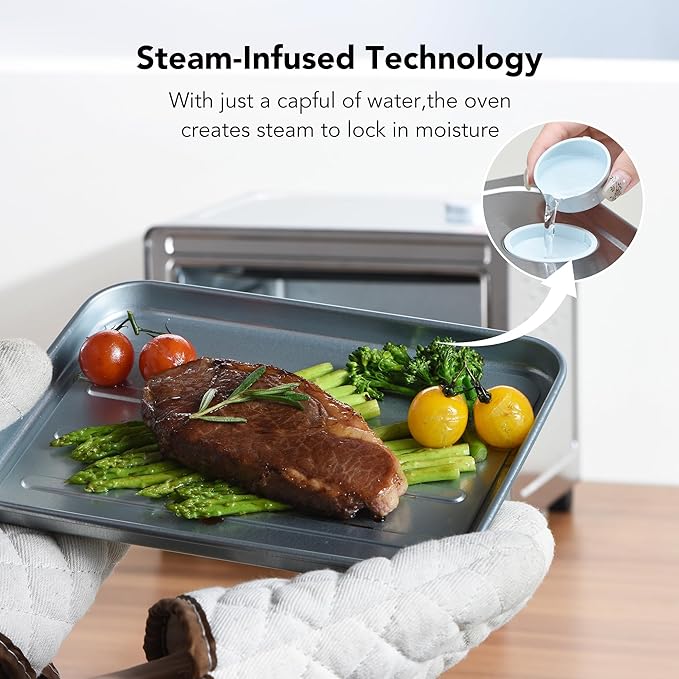 13QT Compact 6-in-1 Steam Oven, Stainless Steel Countertop Convection Oven, Fast Preheat, Air Fry, Bake, Roast, Broil, Reheat & Steam, Perfect for Small Contertop