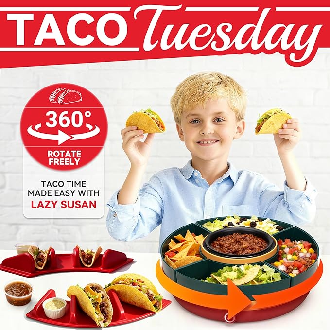 Lazy Susan Taco Bar & Condiment Containers with Lids, 4 Taco Holders for Taco Tuesday Kit, Fondue Pot for Taco Bell Sauce, Burritos, Nachos, and Fajitas, Red