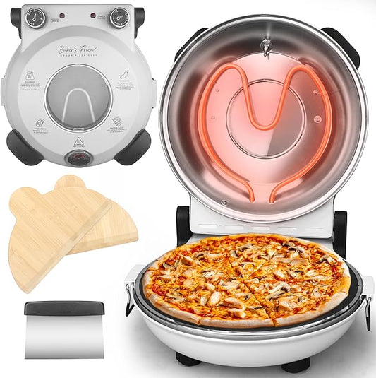 Baker's Friend Electric Pizza Oven Indoor Countertop, 12 Inch Maker Machine for Home, Cooker & Grill, Premium Glazed Ceramic Stone Oven, Creamy White