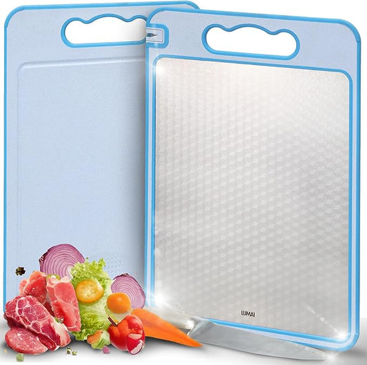 LUMAI Blue Stainless Steel Cutting Board for Raw Meat & PP Wheat Straw for Fruits, Veggies & Bread, Non Toxic Cutting Board for Kitchen w/Knife Sharpener, Stainless Steel Chopping Boards for Kitchen
