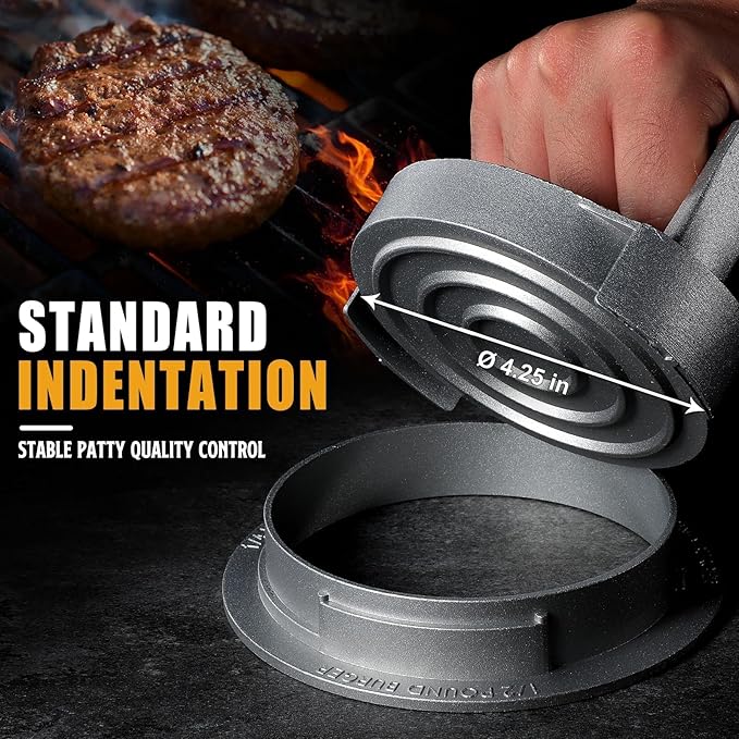 PURPLEBIRD Hamburger Press Patty Maker, Adjustable Burger Sharpener Mold, 1/2 lb, 1/3 lb, 1/4 LB, Stuffed Hamburger Ring Mold, Cast Aluminum Slider Sausage 3 in 1 Patty Maker, for Men