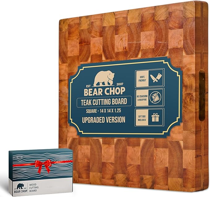 Bearchop Square Acacia Wood Cutting Board for Kitchen with 4-Side Reinforced Bar for Anti Crack/Warp, [14"x14"x1.25"] End Grain Cutting Board, Wooden Butcher Block with Gift Box
