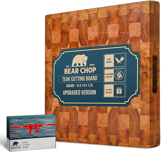 Bearchop Square Acacia Wood Cutting Board for Kitchen with 4-Side Reinforced Bar for Anti Crack/Warp, [14"x14"x1.25"] End Grain Cutting Board, Wooden Butcher Block with Gift Box