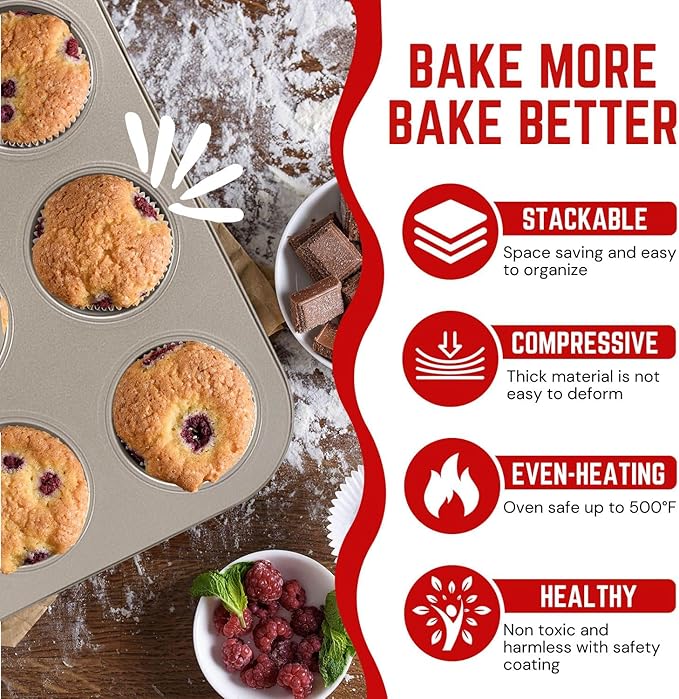 Flexzion Muffin Tray Cupcake Baking Pan 2 Pack, 12-Cup Nonstick Carbon Steel Muffin Tin Non-Stick Cupcake Tin Bakeware Accessories for Baking Brownies Snack, Fridge Safe, Champagne Gold