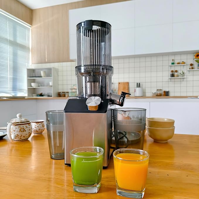 WHUTO Cold Press Juicer, Wide Feed Chute Juicer Machines, Stainless Steel Slow Masticating Juicers Easy to Clean, Vegetables & Fruits Juice Extractor, High Juice Yield, Silver Color Knob