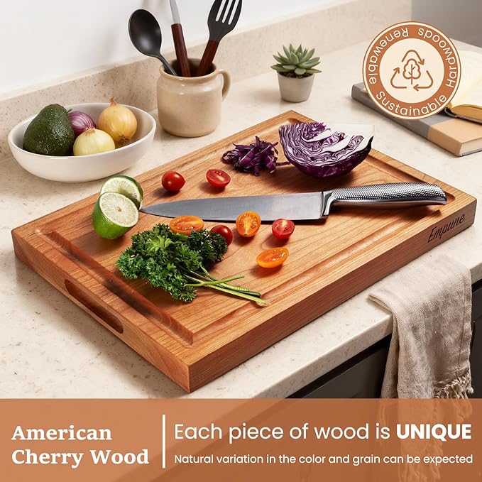 Empune Cherry Wood Cutting Boards for Kitchen Wooden Cutting Board with Handle, Chopping Board with Built-in Juice Groove & Well, Heavy-duty Charcuterie Board Butcher Block, 16.5x11.8x1.4 Inches