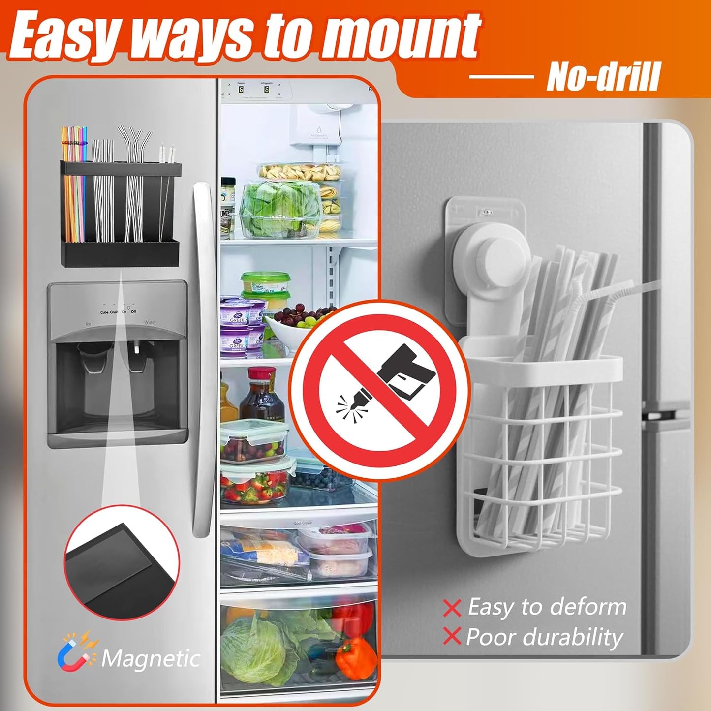 Magnetic Straw Organizer for Cabinet Door – Carbon Steel Straw Holder with Drain Holes, 4-Compartment Utensil Storage Rack for Reusable Straws, Spoons, and Coffee Bar Accessories