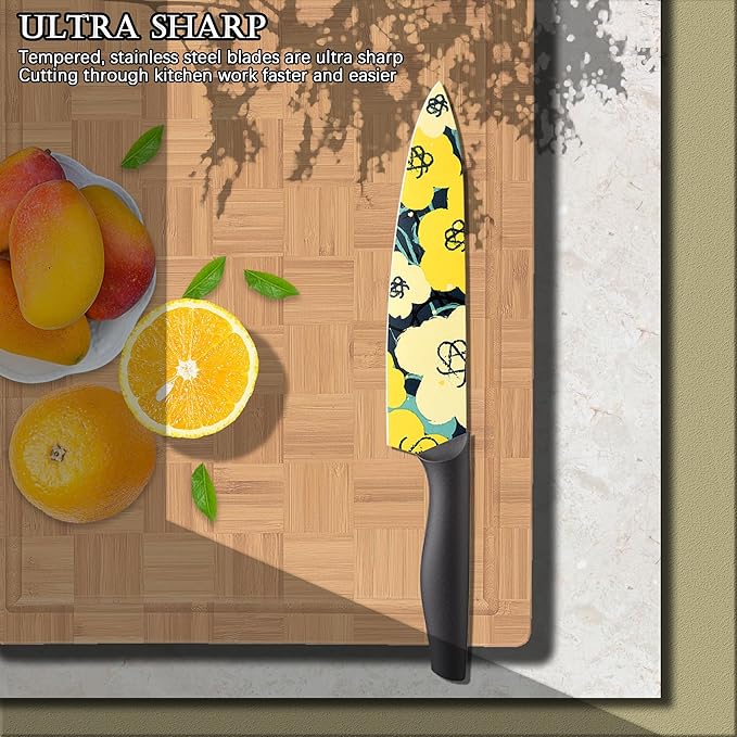 Marco Almond Knife Set Artistic Designed Pattern Kitchen Knife 6 Stainless Steel Kitchen Knives w 6 Blade Guards, Dishwasher Safe Knives for Family Kitchen Knives Set for Chefs