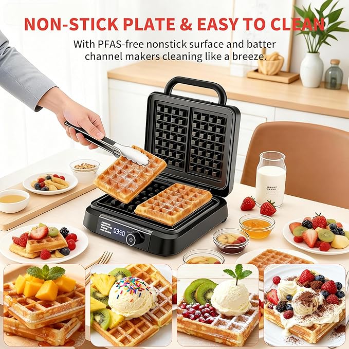 Waffle Maker, 1400W Belgian Waffle Maker, Dual Rectangular Thick Waffle Iron, 7-Level Browning LED Panel, Nonstick Plates, Anti-spill Design, Audible Ready Beep, Easy Cleanup, Stainless Steel