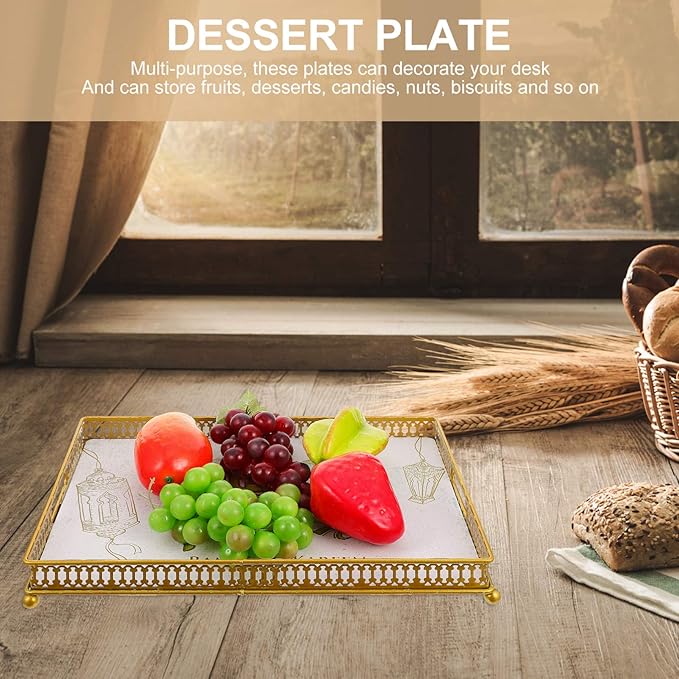 Golden Metal Eid Mubarak Dessert Tray - 11.02x7.87in Muslim Serving Plate for Home Party, Ramadan Decor, Snacks, Sweets, Nuts, and Cakes