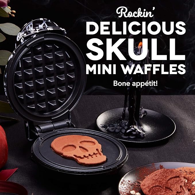 Dash Mini Waffle Maker- Electric Waffle Maker for Fun Breakfasts - Dual Nonstick Cooking Surface - Enjoy Fun, Family-Friendly Treats - Black Skull