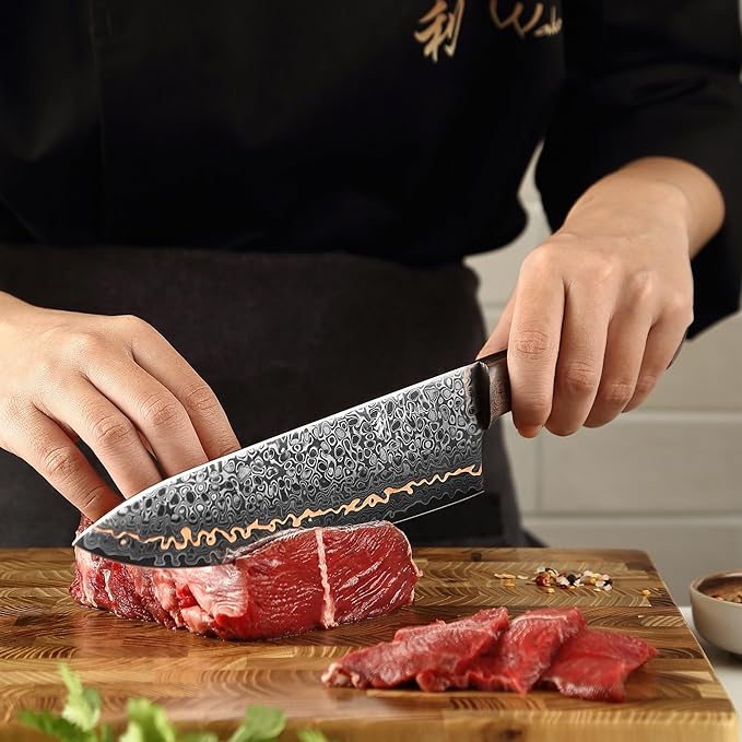 Wakoli Kawa Chef Knife, 7.9-Inch Blade Damascus Knife | 67-Layer Damascus Steel with VG10 Core | Copper Inlay | Maple Stabilized Wood Handle | Professional Kitchen Knife