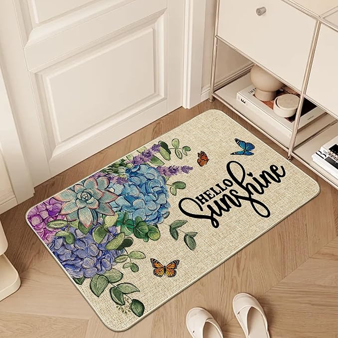 Spring Kitchen Rug and Mat Set of 2 Hydrangea Flowers Floor Mat Non Slip Rubber Backing Low-Profile Kitchen Rugs for Floor Summer Kitchen Decor for Home Bath Office- 17x29 and 17x47 Inch