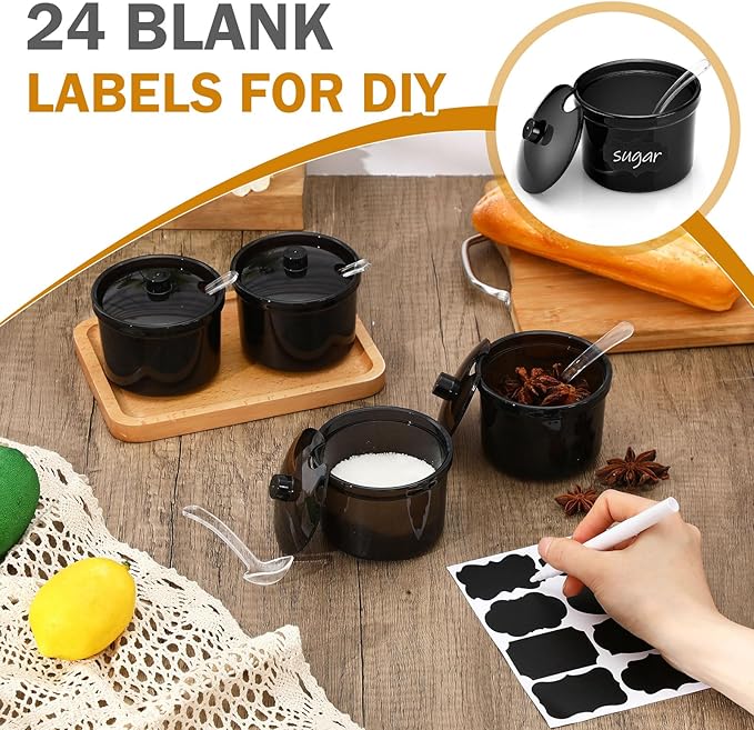 Tioncy 12 Pcs Hot Cocoa Bar Supplies Sugar Bowls with Lid and Spoon Party Bar Ice Cream Sundae Caramel Apple Dipping Container Christmas Acrylic Candy Dispenser with Tag (7.1 oz,Transparent Black)