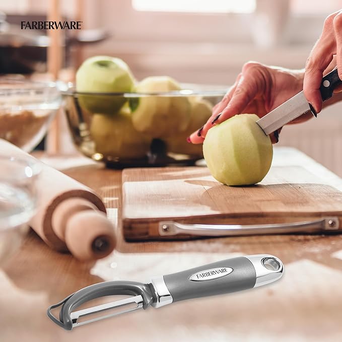 Farberware Euro Peeler, a Kitchen Essential for Quick and Easy Peeling of Produce, Chocolate, Cheeses and More, Features Hang-Hole for Easy Storage, Dishwasher Safe, Jewel Grey