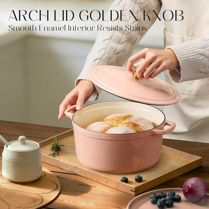 CAROTE 5QT Enameled Cast Iron Dutch Oven Pot with Lid, Heavy-Duty Dutch Ovens for Sourdough Bread Baking, Braising, Roasting, Dual Handles, Healthy & Non-Toxic, All Stovetop Compatible, Oven Safe up to 500° F, Macaron Pink