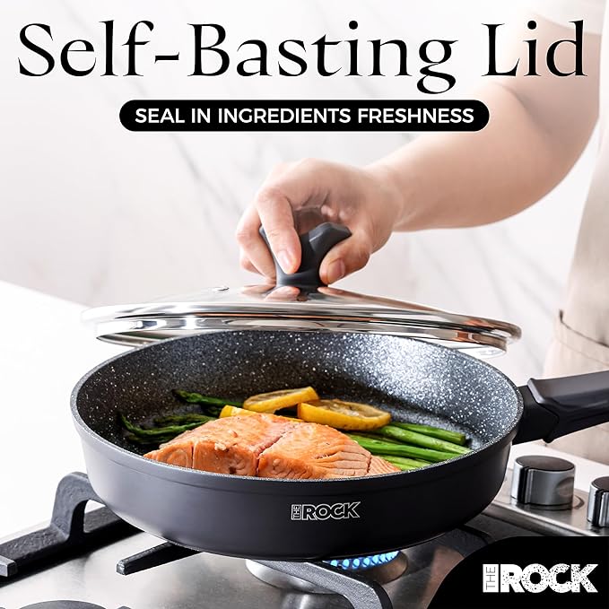THE ROCK SOHO 11-Inch Non Stick Frying Pan with Lid – Nothing Sticks, Never Warps, Lasts Longer, Healthy Skillet with Heat-Resistant Handle, PFOA Free, Dishwasher Safe, Black