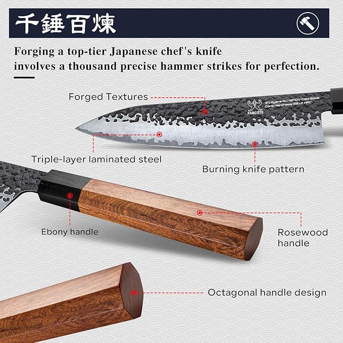 8 Inch Japanese Knife, Hand Forged 5 Layers High Carbon 9CR18MOV Steel Rosewood Handle Chef Knife, Ultra Sharp Durable Professional Kitchen Knife, A Thoughtful Gift for Husband/Wife
