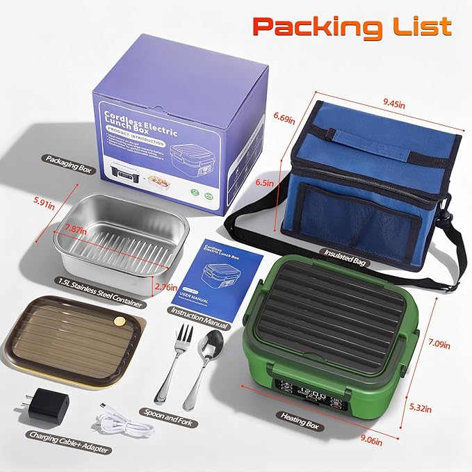 Cordless Electric Heated Lunch Box, XL 6.3Cups 20000mAh Rechargeable Food Warmer Lunch Box with Self Heating, Smart Timer, Adjustable Temperature, Leakproof, BPA Free, Removable Tray Divider