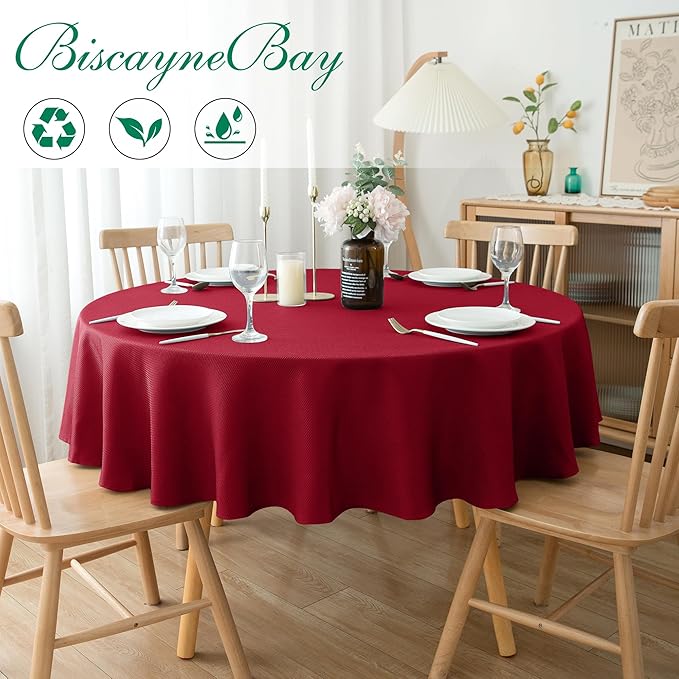 Biscaynebay 2 Pack Textured Fabric Round Tablecloths 70", Red Water Resistant Tableclothes Small Circle Folding Table Covers Linen for Dining, Kitchen, Wedding, Parties etc Machine Washable