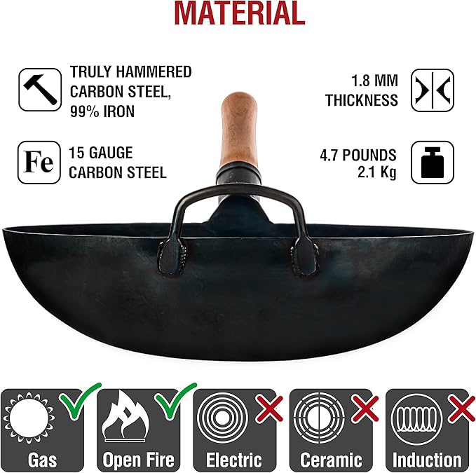 YOSUKATA Blue Round Bottom Wok Pan – 14" Woks and Stir Fry Pans + Wok Lid 13.6 Inch - Premium Stainless Griddle Dome with Tempered Glass Insert Steam Holes