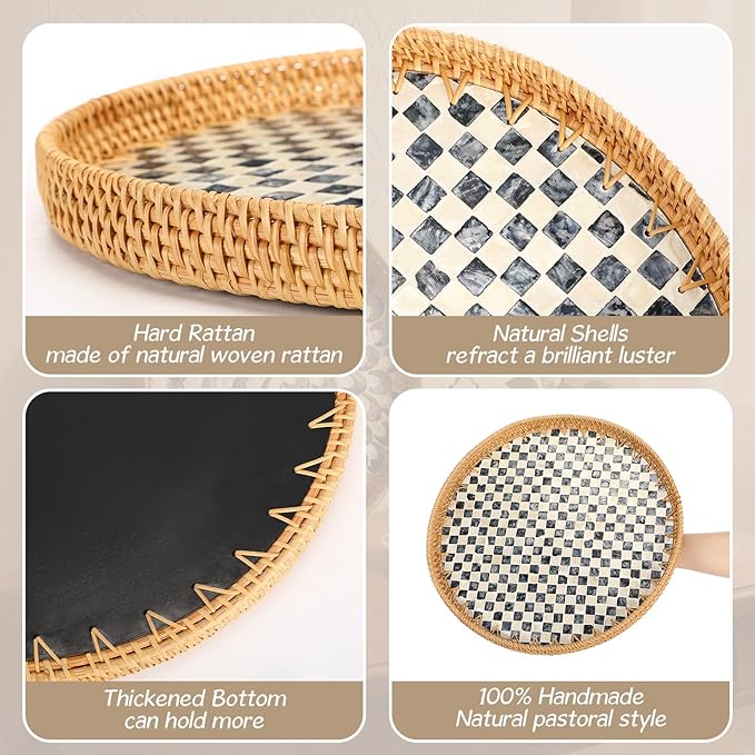 16 inch Round Rattan Tray with Mother of Pearl Inlay Wicker Serving Tray with Wooden Base Boho Decorative Wicker Basket for Table Decor Bathroom Candle Perfume(Black Checkerboard)