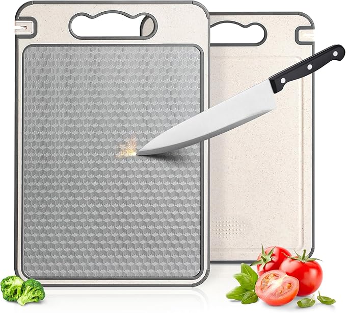 NTIERA 3-in-1 Stainless Steel Cutting Board for Kitchen, Double Sided,Non Toxic Cutting Board,Scratch-Resistant Mesh Design with Juice Groove,Easy Clean,Wheat Straw PP Large Chopping Board 15''*10''