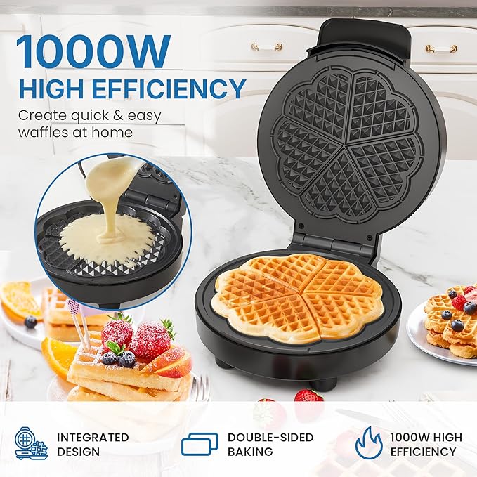 Heart Electric Waffle Iron: Belgian Waffle Maker with Temperature Control Knob, Waffle Machine with Nonstick Plates Easy Clean, Breakfast Maker for Kids and Families, Stainless Steel